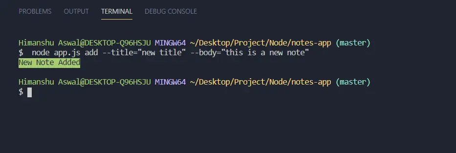 Output of the add command