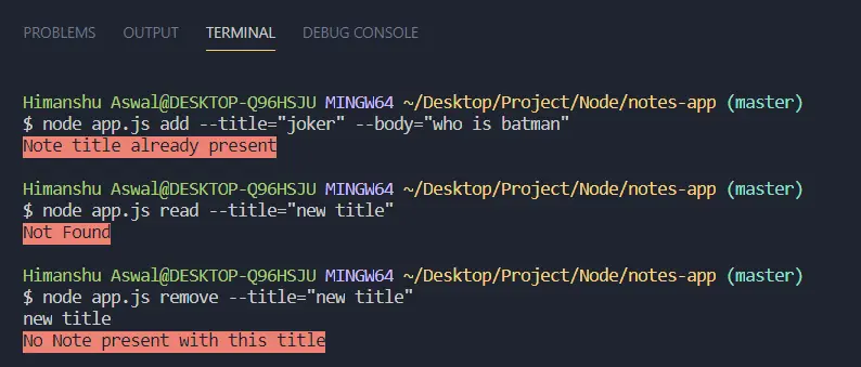 Error messages printed for invalid commands