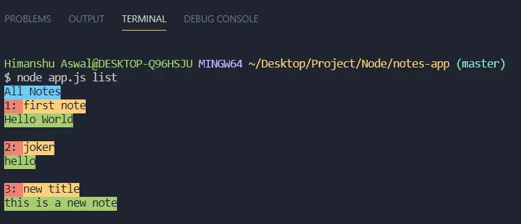 Output of the list command
